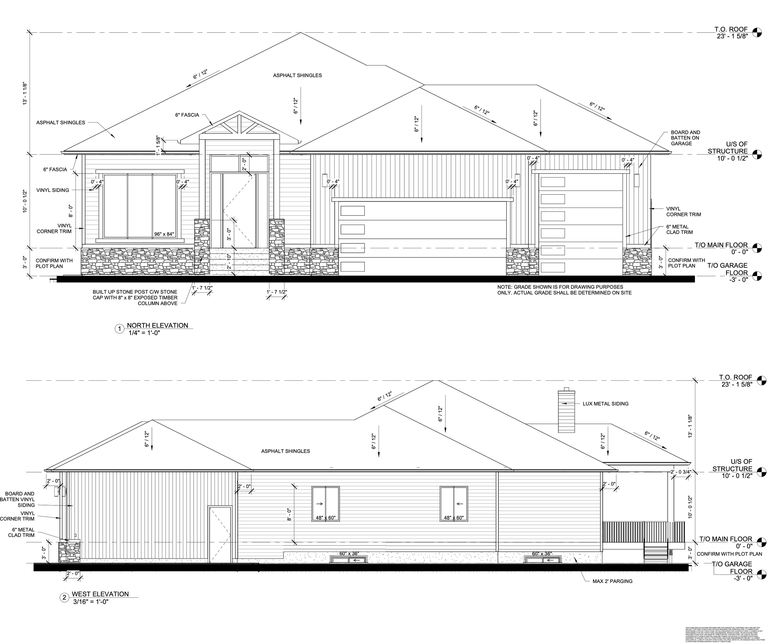 Architectural blueprint of a house showing front and side elevations with measurements, roofing, siding, and foundation details.