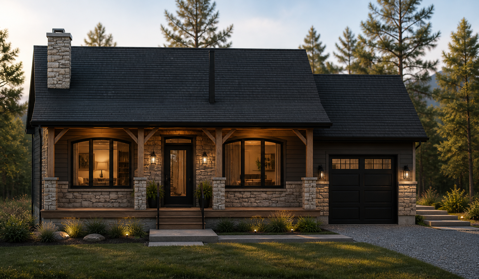 A modern house with a stone and dark siding exterior, illuminated by outdoor lanterns at dusk. The house has a gabled roof, front porch with wooden steps, large front windows, and a single-car garage on the right. Copyright CJ Living Co.
