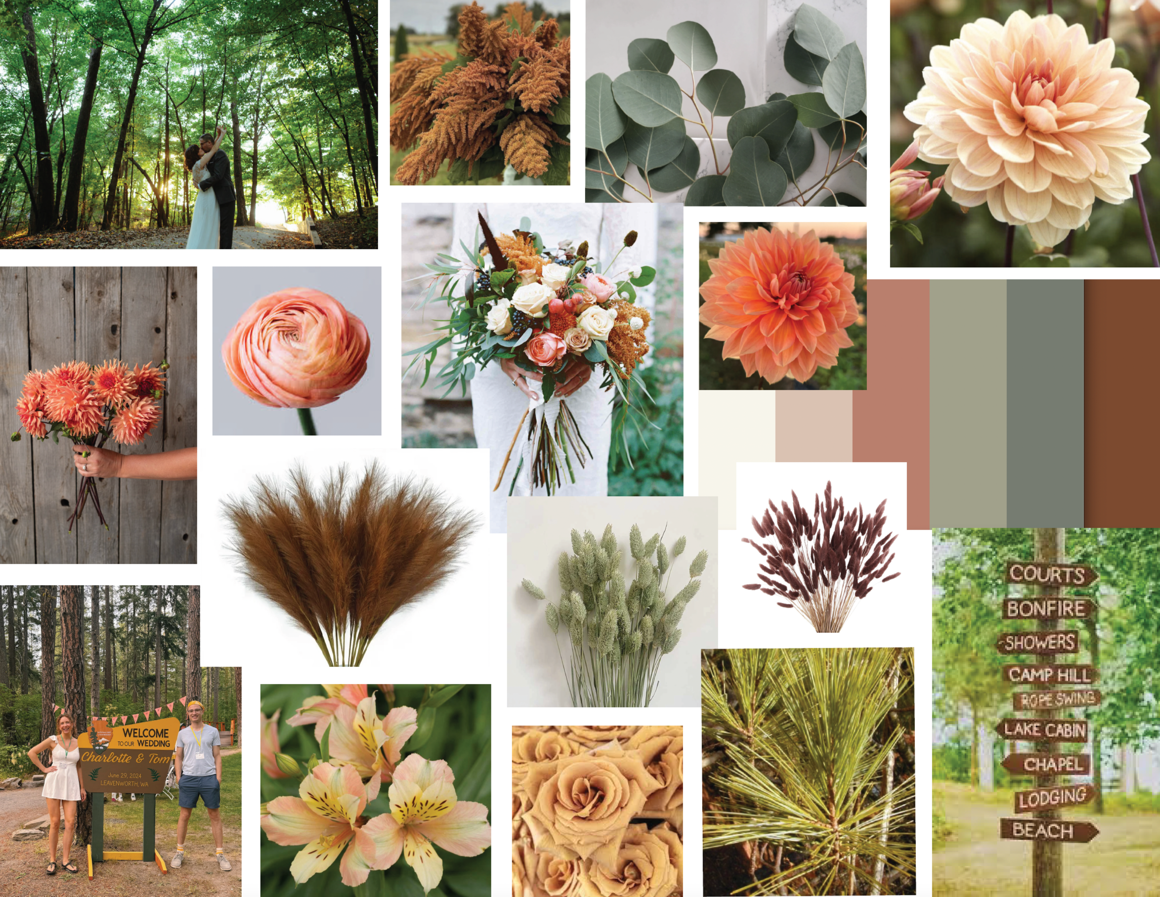 A collage of images related to a rustic outdoor wedding, including trees, flowers, and wooded scenery, with a couple kissing in the woods, a person holding a flower bouquet, various floral arrangements and greenery, and camping and directional signs.