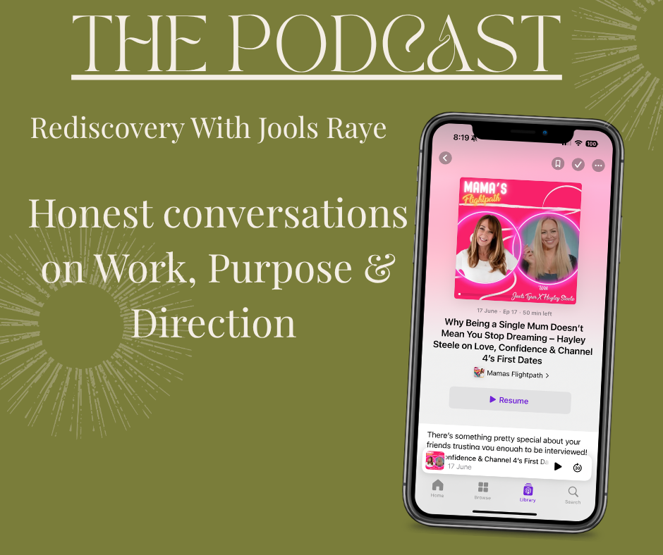 Promotional graphic for a podcast titled "The Podcast" with a subtitle "Rediscovery With Jools Raye." It features a smartphone displaying a podcast episode called "Mama's Flightpath" with two women on the cover, and the episode title "Why Being a Single Mum Doesn't Mean You Stop Dreaming - Hayley Steele on Love, Confidence & Channel 4's First Dates." The background is olive green with a stylized sunburst design.