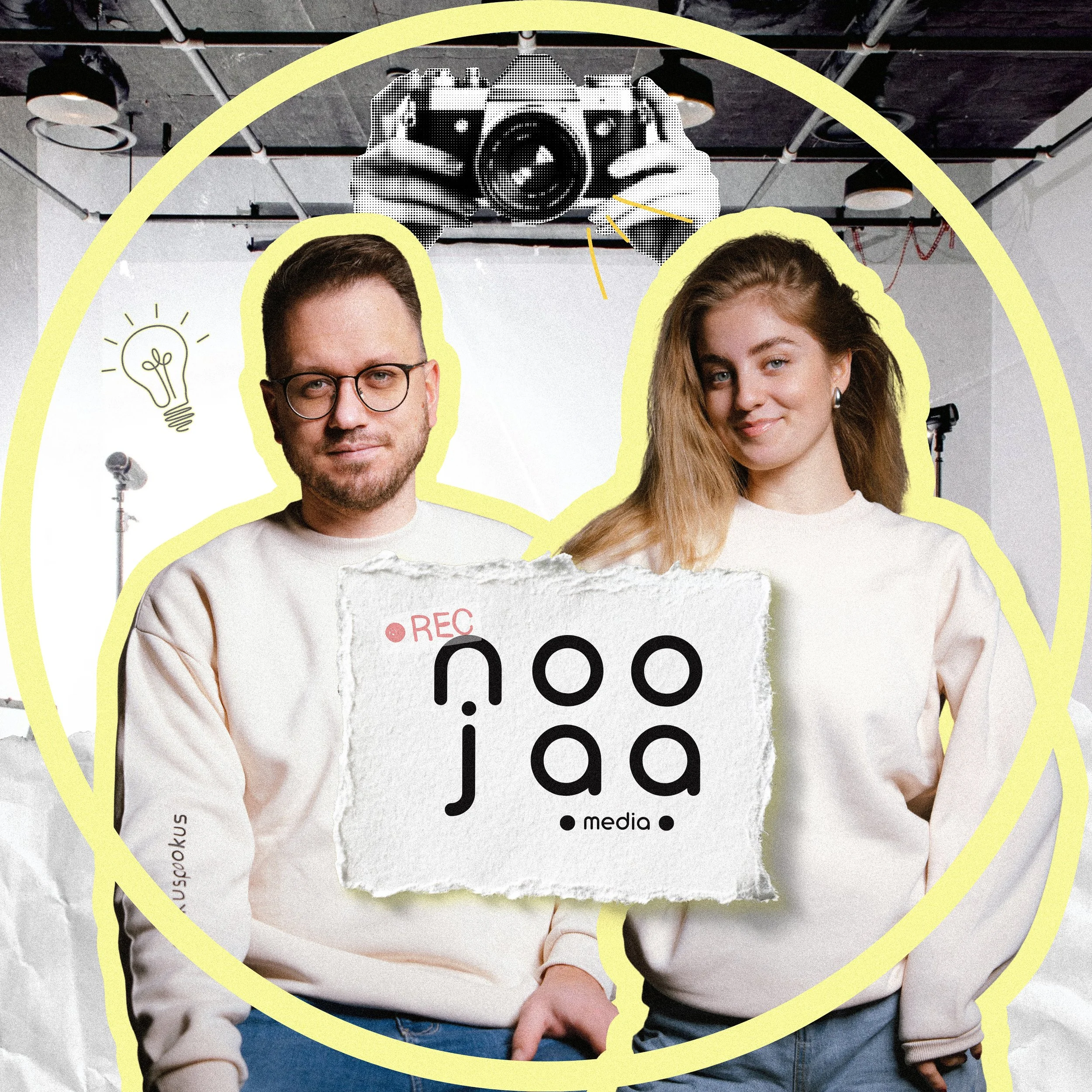 A digital collage featuring a young man with glasses and a young woman with long hair, both smiling. The collage includes a photo of a camera being held by a person taking a picture, with a black and white halftone effect, and a torn piece of paper with the word 'Rec' on it. There is also a lightbulb icon and yellow lines indicating creativity and ideas, all set against an industrial ceiling background with lighting equipment.