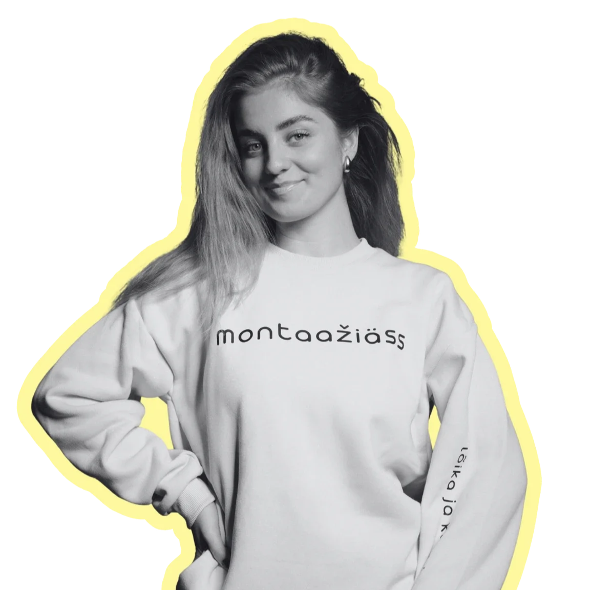 Young woman with long hair smiling, wearing a white sweatshirt with text 'montaazziass' and additional smaller text on the sleeve, outlined in yellow.