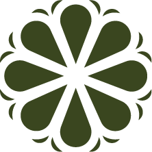 A stylized, symmetrical floral or geometric pattern in dark green.