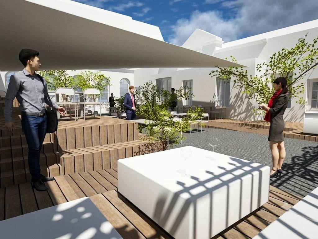 Aménagement d’une cour intérieure pour un espace bar/dégustation, Champagne Vigneron à Epernay. 2022 