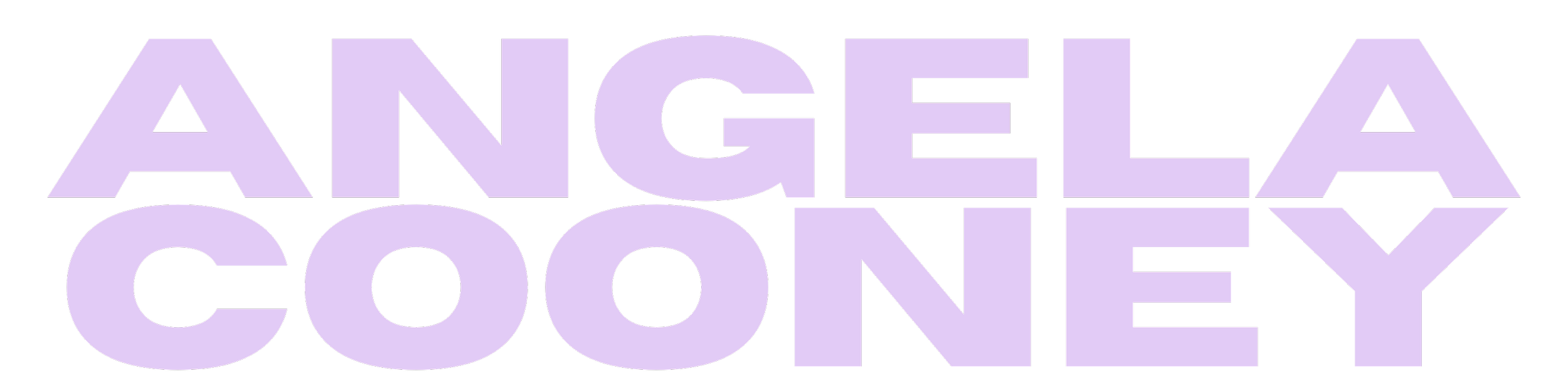 The text 'ANGELA COONEY' written in large, bold, pastel purple letters on a black background.
