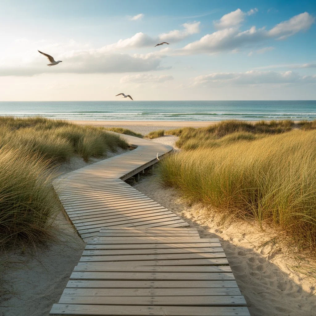 A sandy beach with a winding wooden boardwalk leading to the ocean, surrounded by grasses and seagulls flying in the sky.