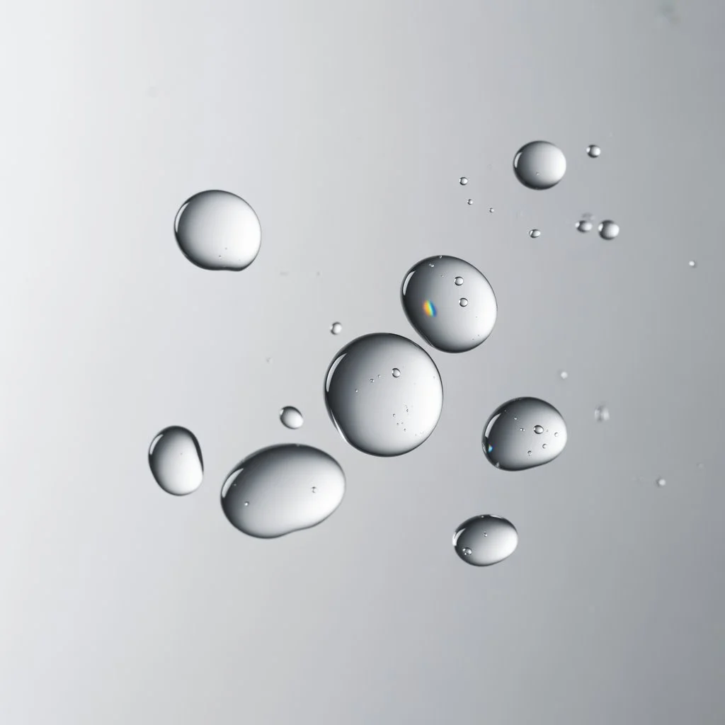 Several water droplets suspended in midair on a smooth grey background.
