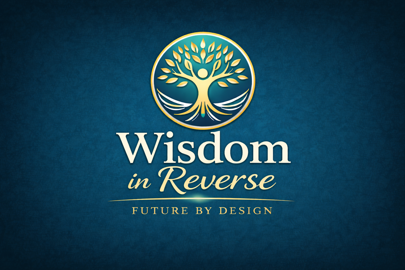 A logo with a stylized tree with gold leaves, blue background, and text that reads 'Wisdom in Reverse' and 'Future by Design'.