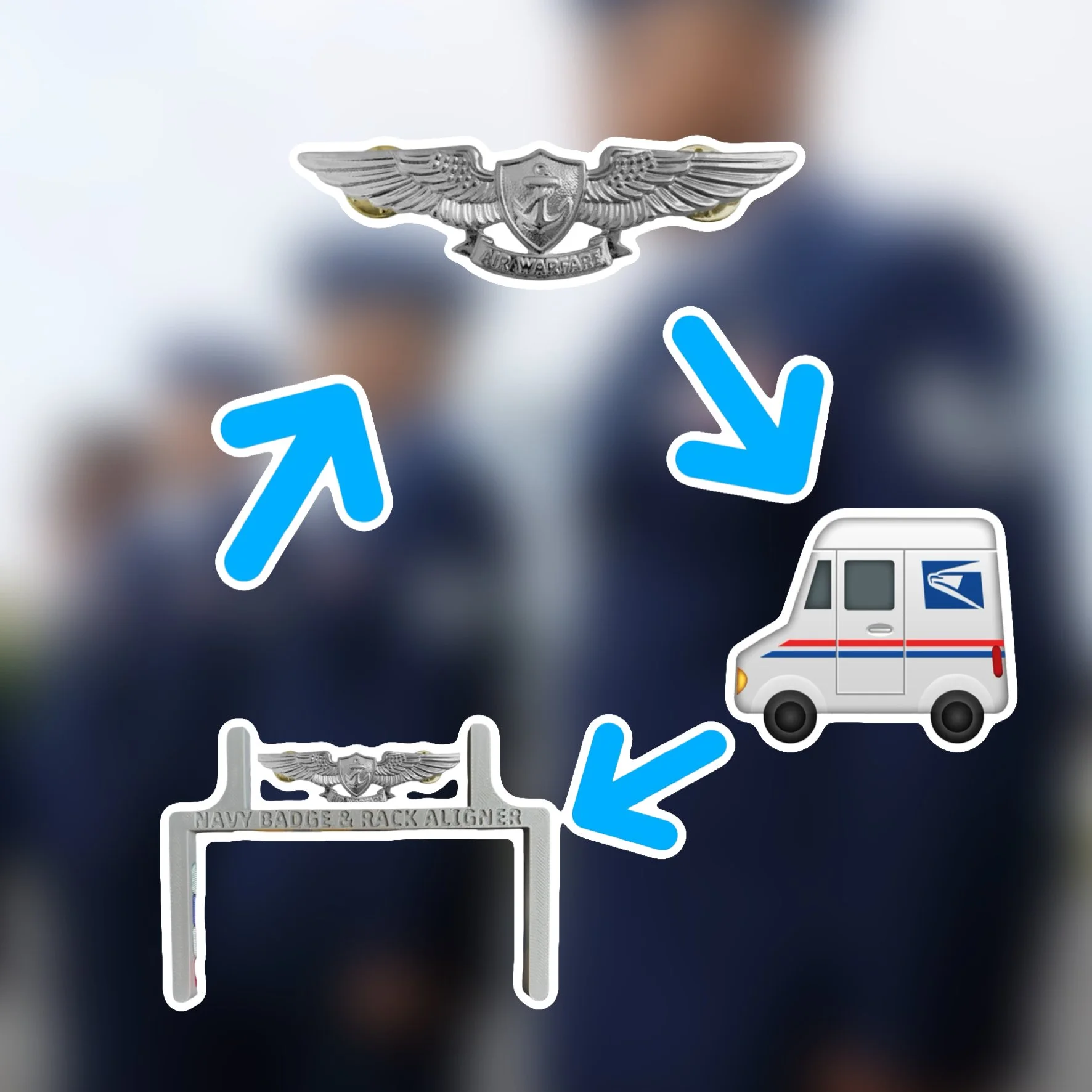 A postal service van sticker, a badge with a shield and wings with an anchor symbol and 'FAA WARFARE' text. Also features blue arrow stickers pointing to the badge.