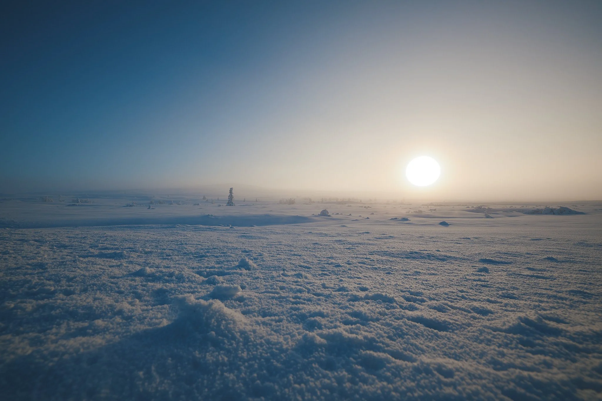 Schneebedeckte Landschaft mit Sonnenaufgang am Horizont
