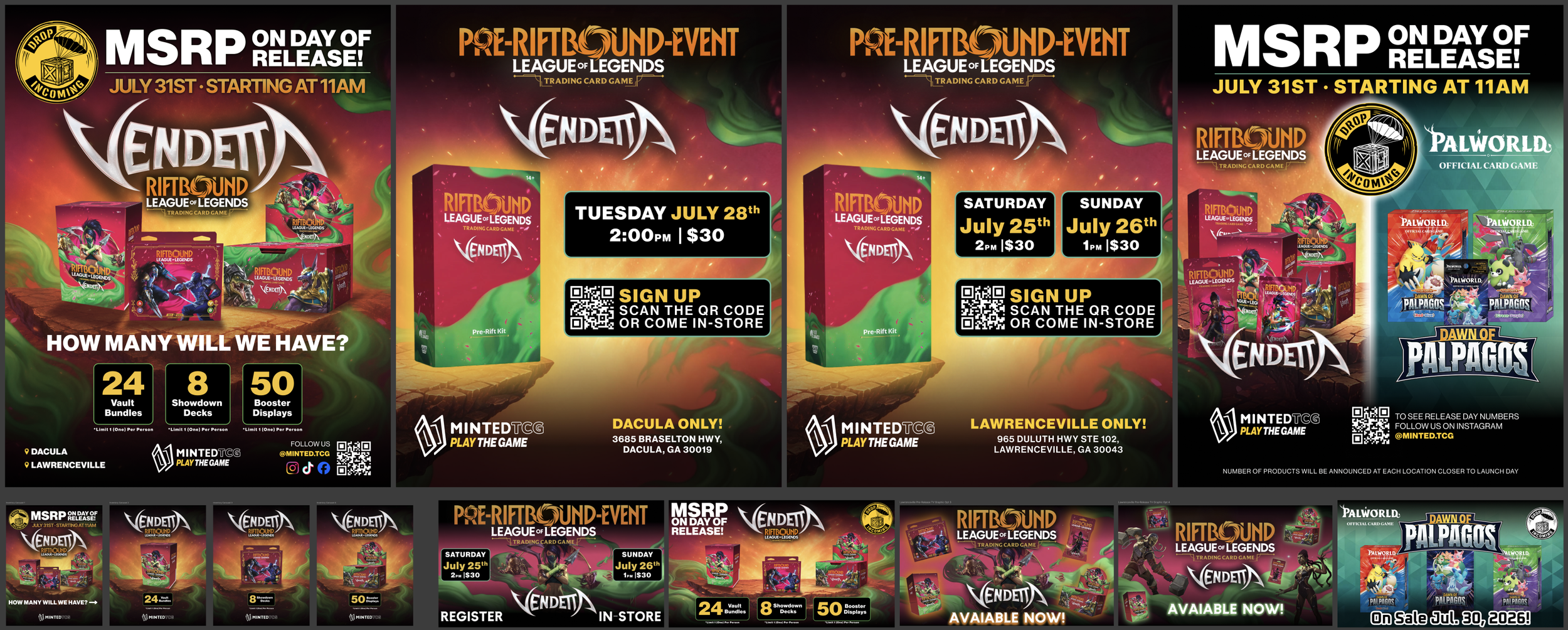 Riftbound League of Legends (& PalWorld) Vendetta and Palpagos Release Collateral (posters, tv screen displays, social media posts, etc)