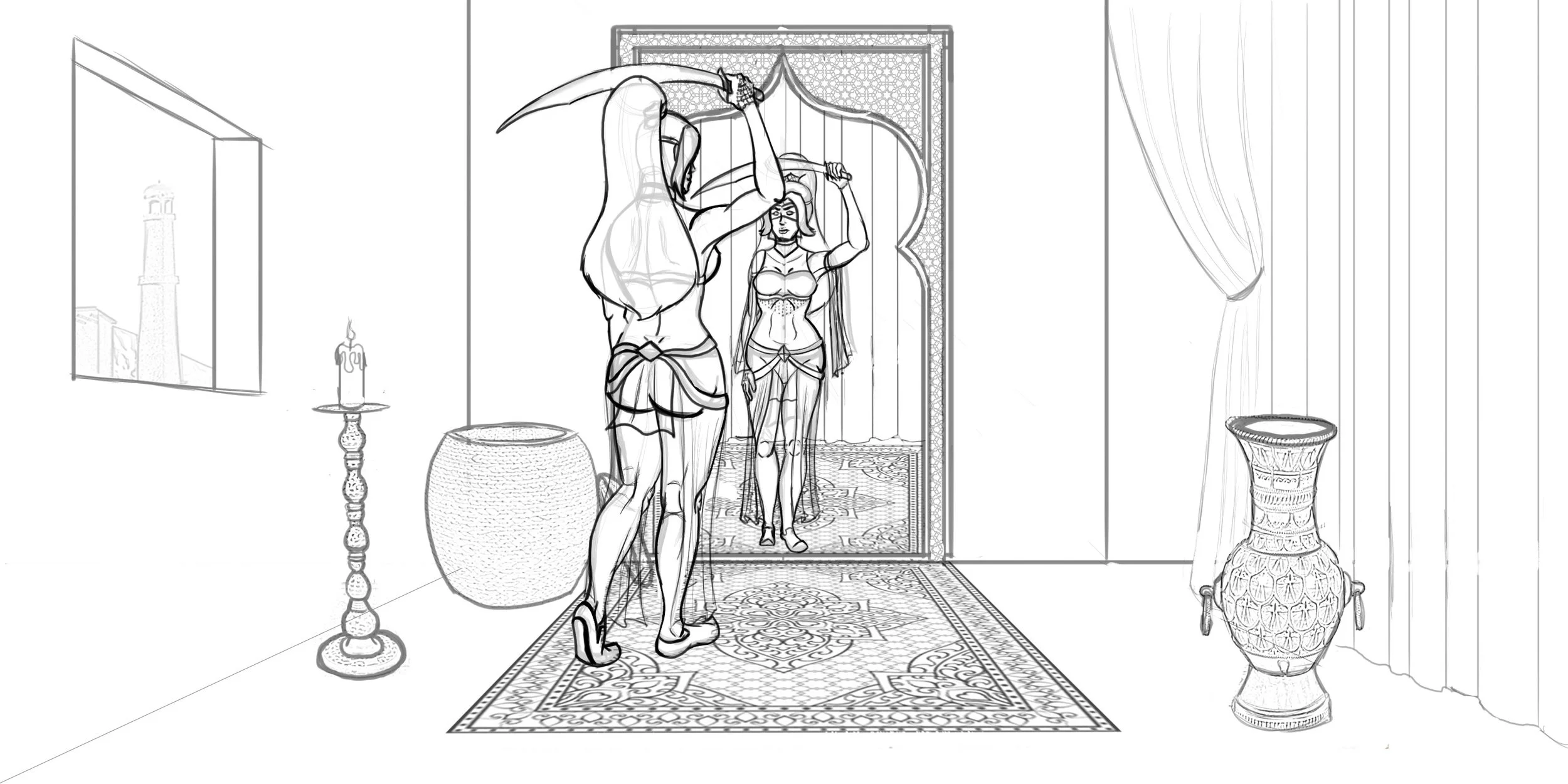 Initial Illustration (after drawing over my 3D background) for a Card in Bone Strike