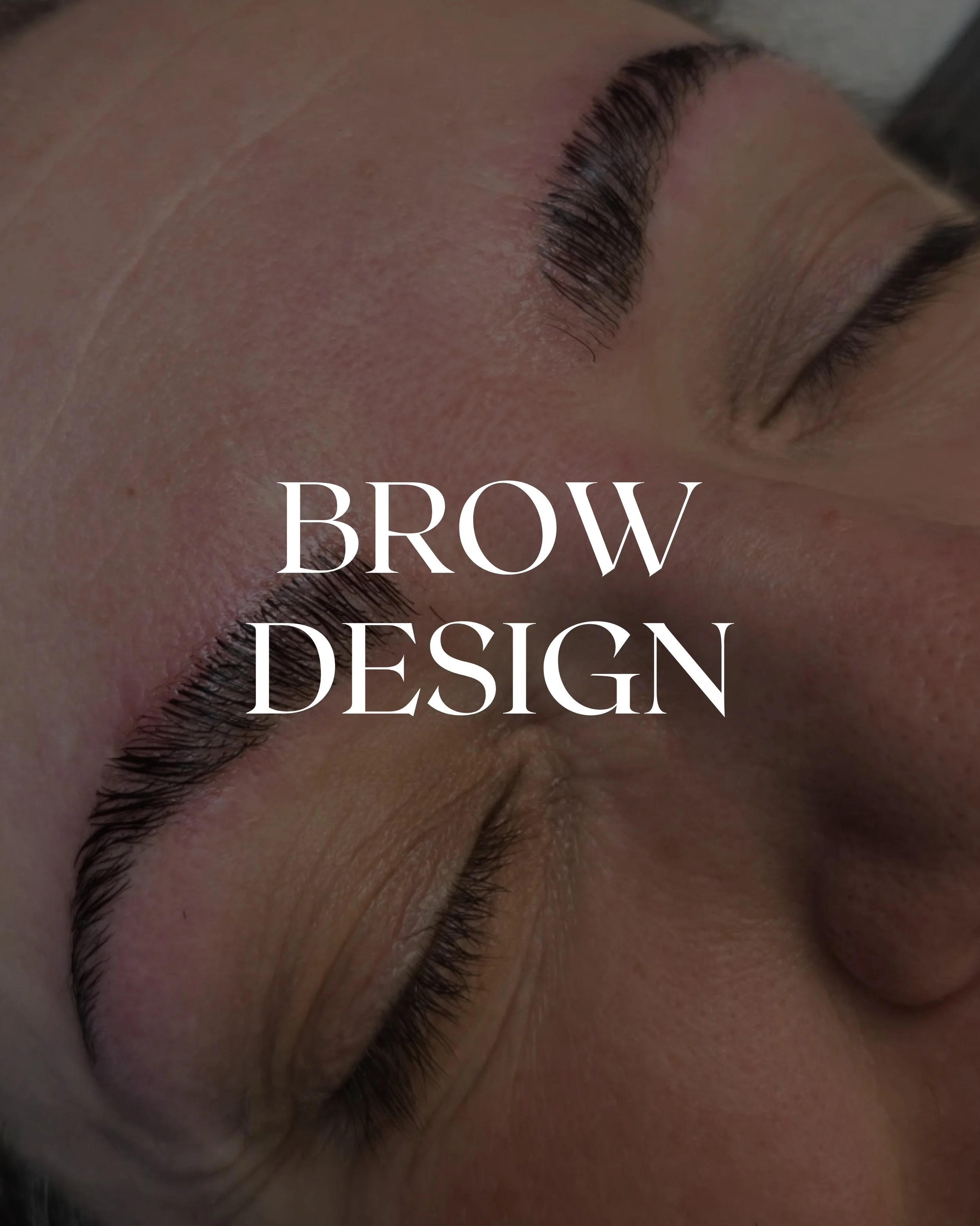 Close-up of a person's closed eye showing long, curled eyelashes and well-shaped eyebrows with the text 'BROW DESIGN' overlaid.