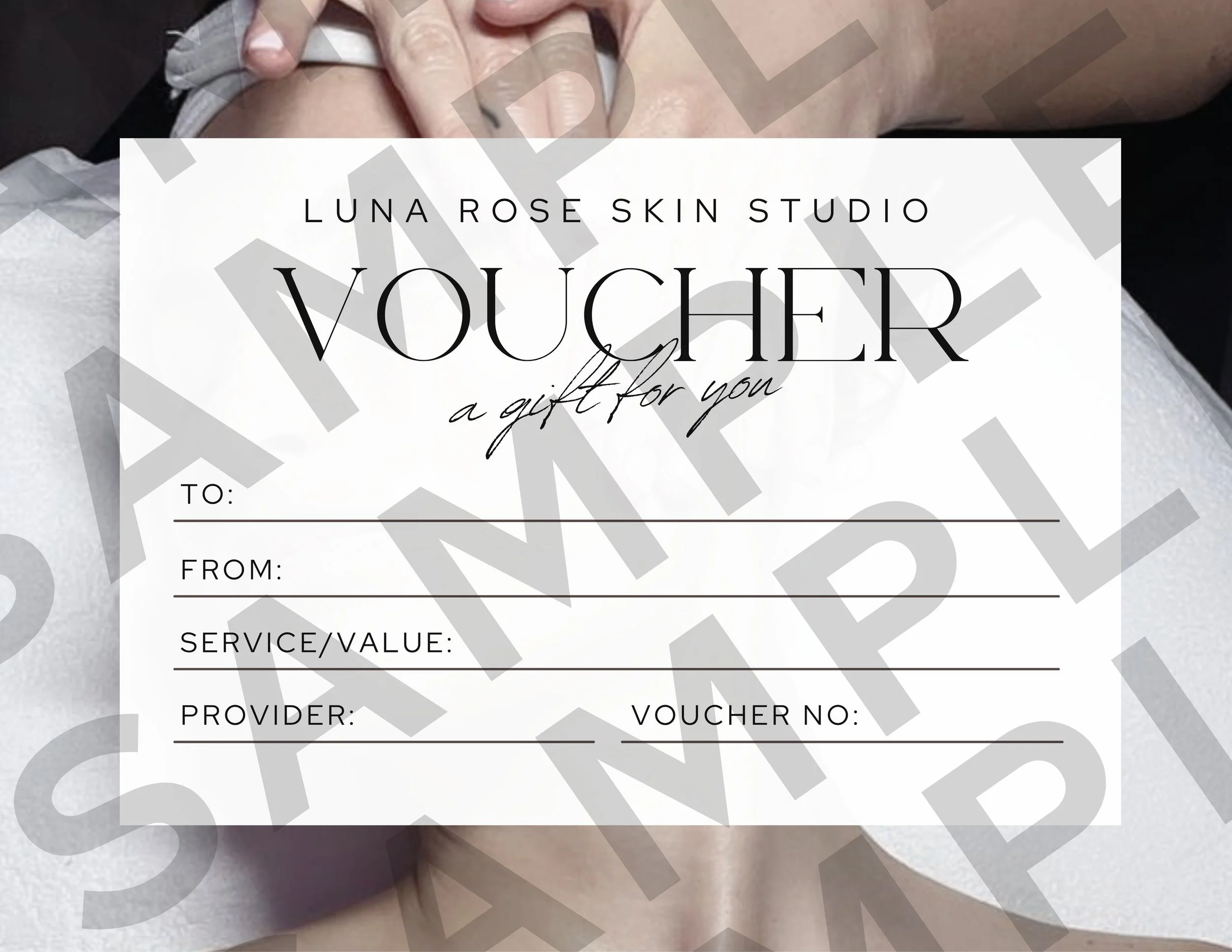 Gift voucher with blank spaces for recipient, sender, service, provider, voucher number, and other details, decorated with gray geometric patterns and a background of a person's hands with manicured nails.