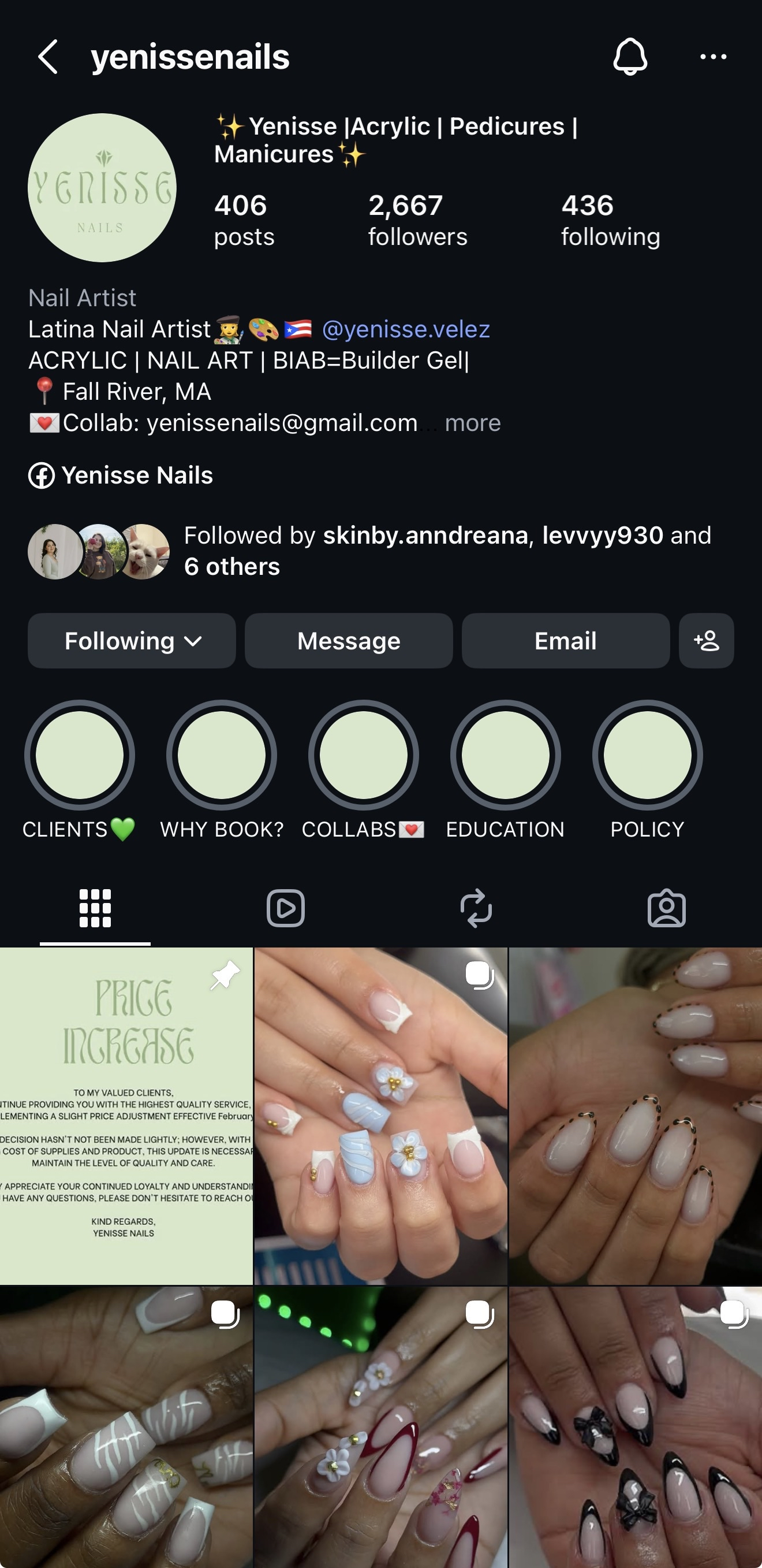 Instagram profile page of Yenisse Nails, a nail artist specializing in acrylic nails, pedicures, and manicures. The page features various images of decorated and painted nails.