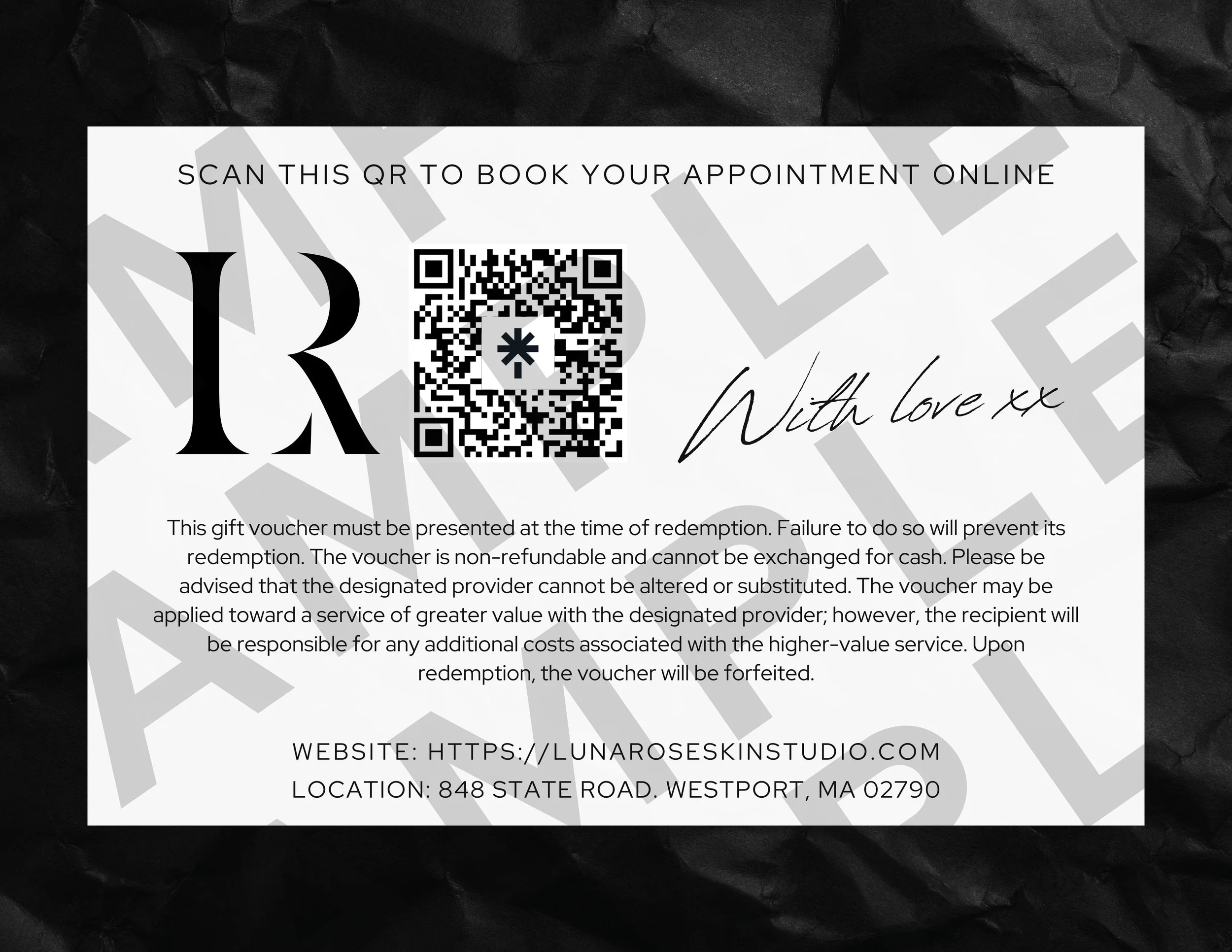 A gift voucher with black text and a QR code, with the words "With love xx" handwritten in black ink, and background text "LOVE" in large grey letters. The voucher includes booking instructions, website, and address details.