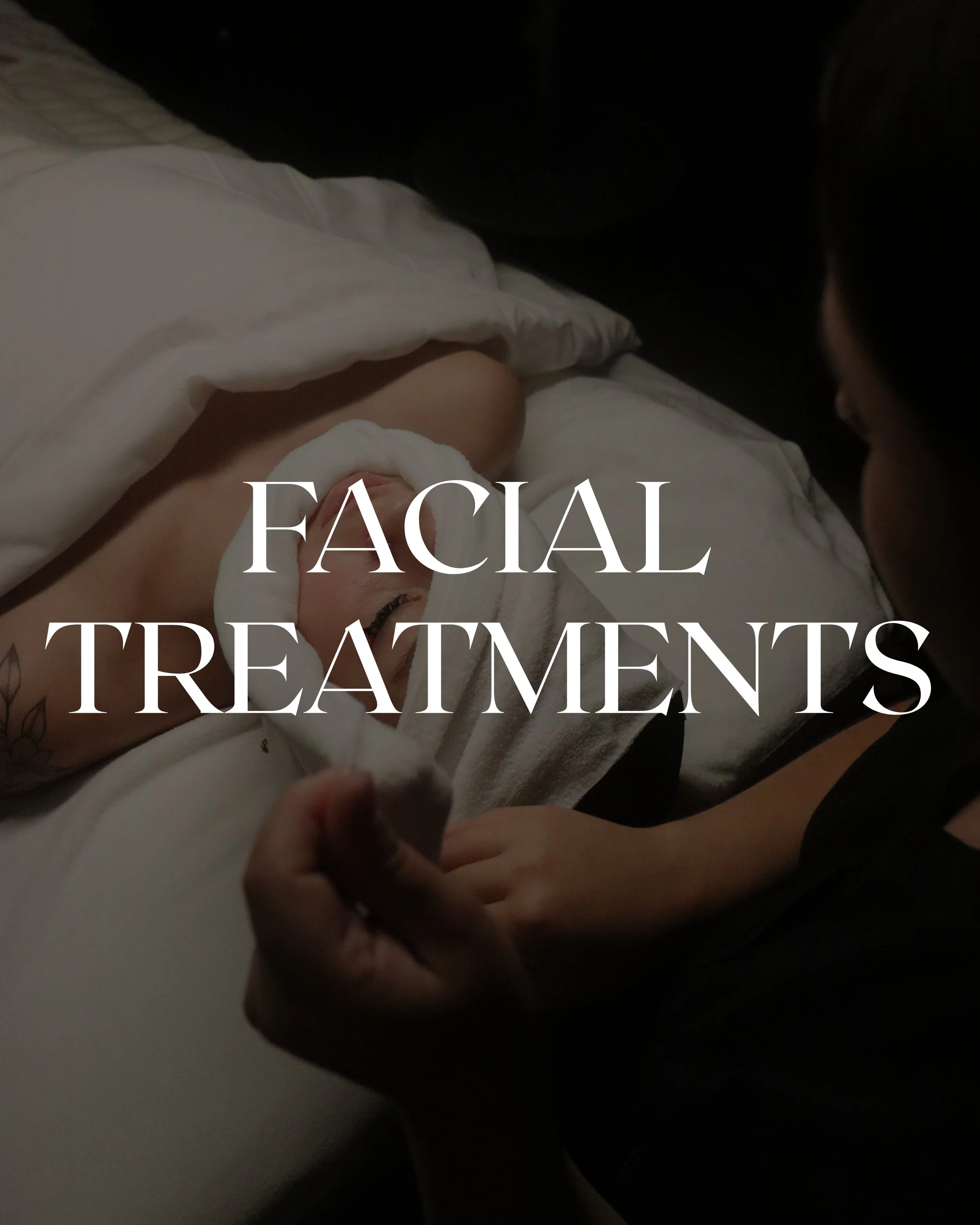 Close-up of a person receiving facial treatments in a dimly lit room, with text overlay reading 'FACIAL TREATMENTS'.