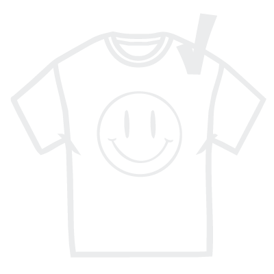White T-shirt with a large smiley face graphic on the front, with a check mark approving artwork