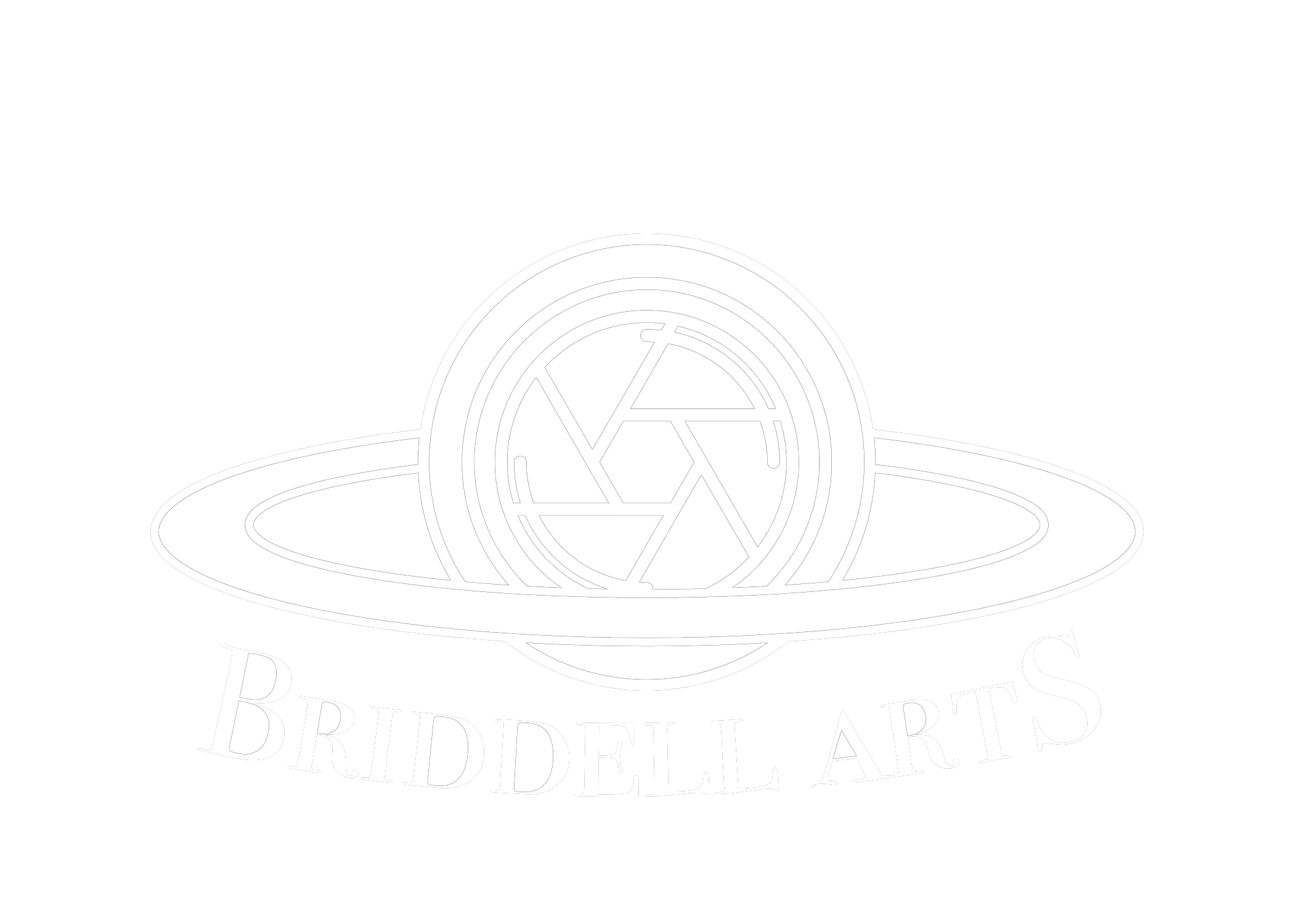A logo with a stylized planet with rings and a camera shutter in the center. Below, the text reads 'Briddell Arts'.