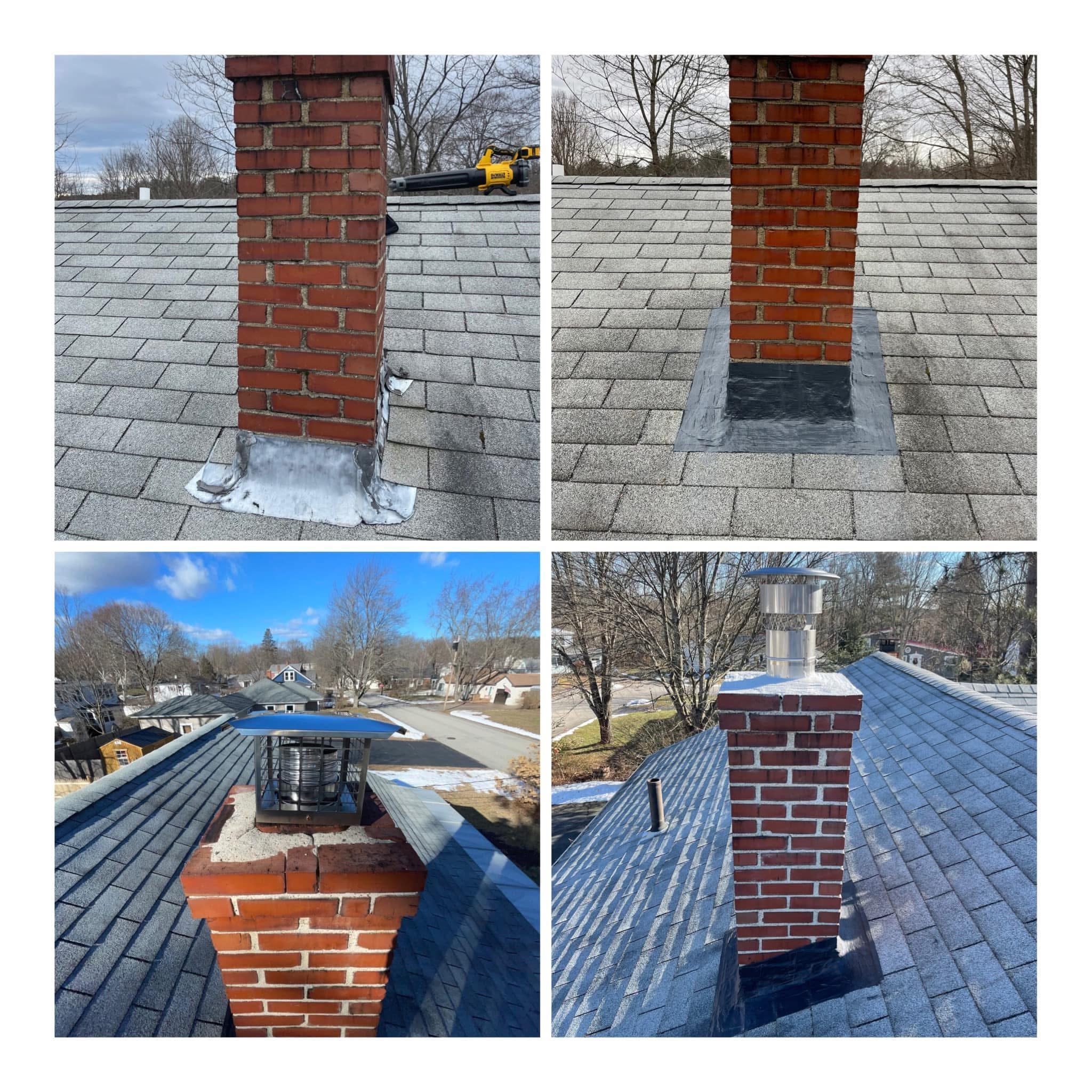 Series of four images showing a brick chimney on a roof undergoing repair, with the addition of a flashing detail for waterproofing.