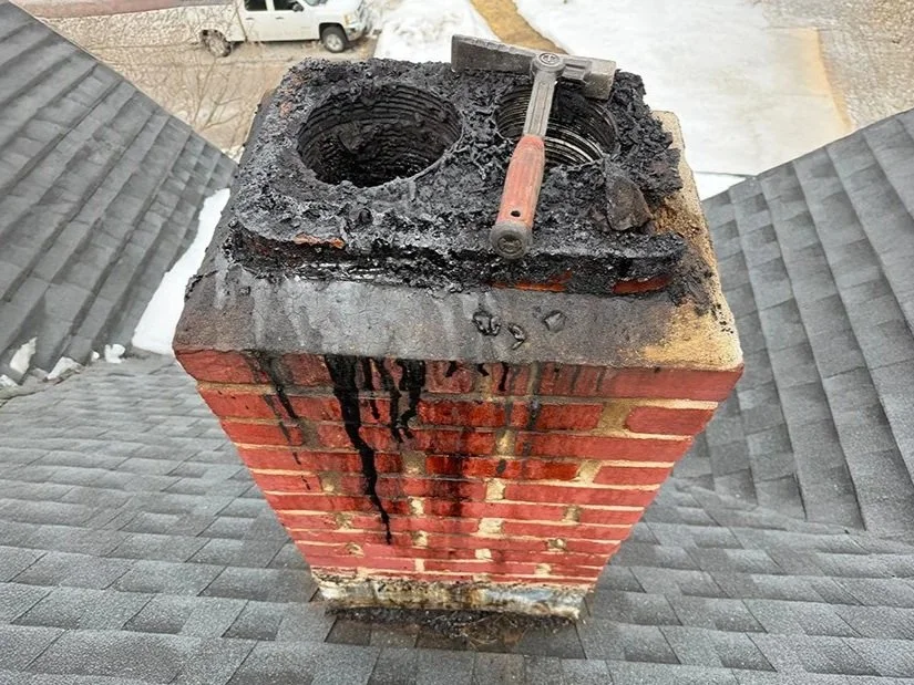 Chicago-style brick chimney on a roof with black soot and burn marks, with a chimney cap removal tool resting on top.