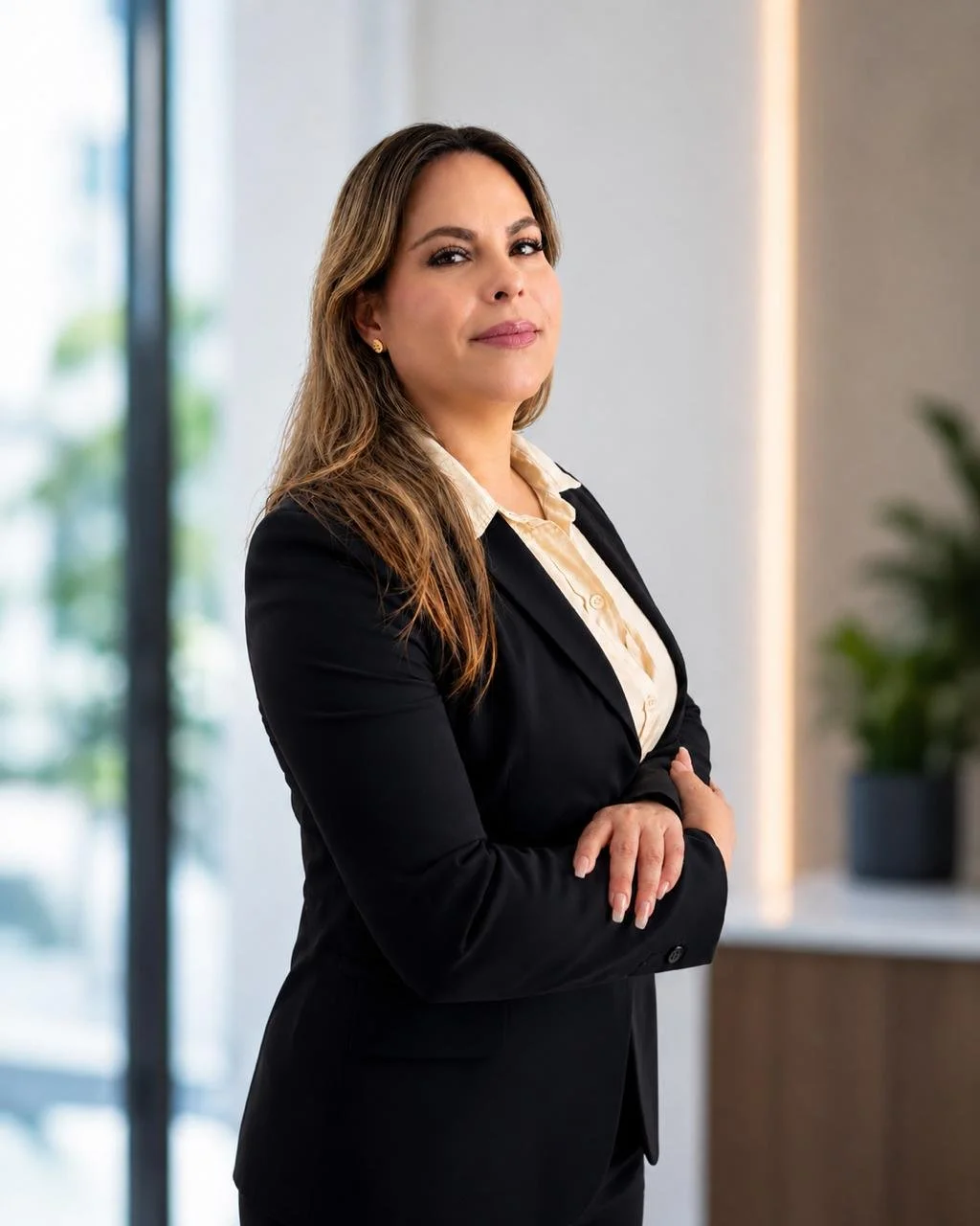 A confident woman in professional attire with crossed arms, standing in a modern office setting.