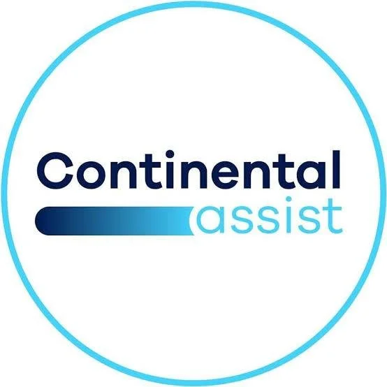 Logo for Continental Assist with the word 'Continental' in bold dark blue font, a horizontal gradient line, and the word 'assist' in light blue font inside a circle outline.