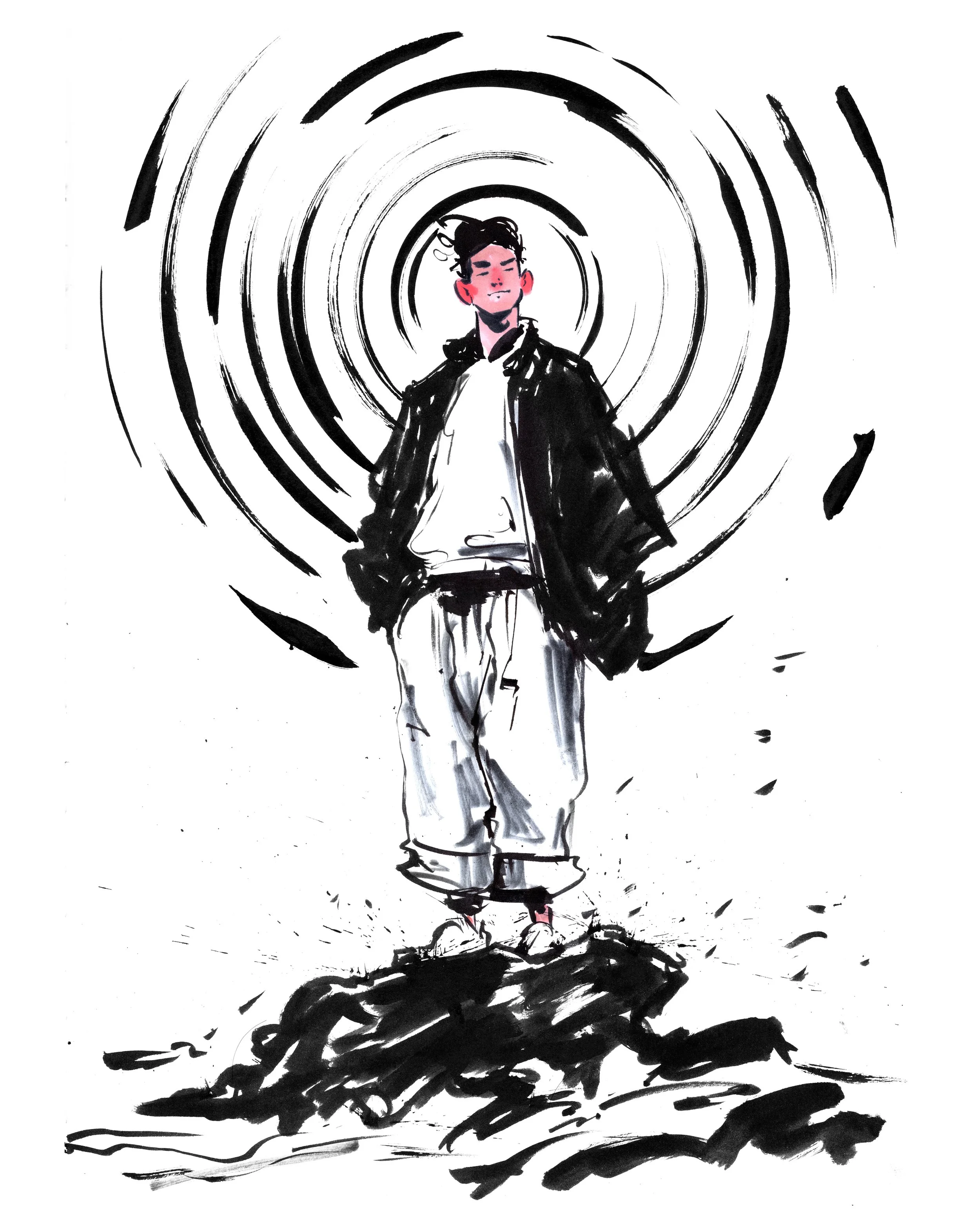 A young man standing with his hands in his pockets, wearing a black jacket, white shirt, and loose white pants, with a background of concentric swirling black lines.