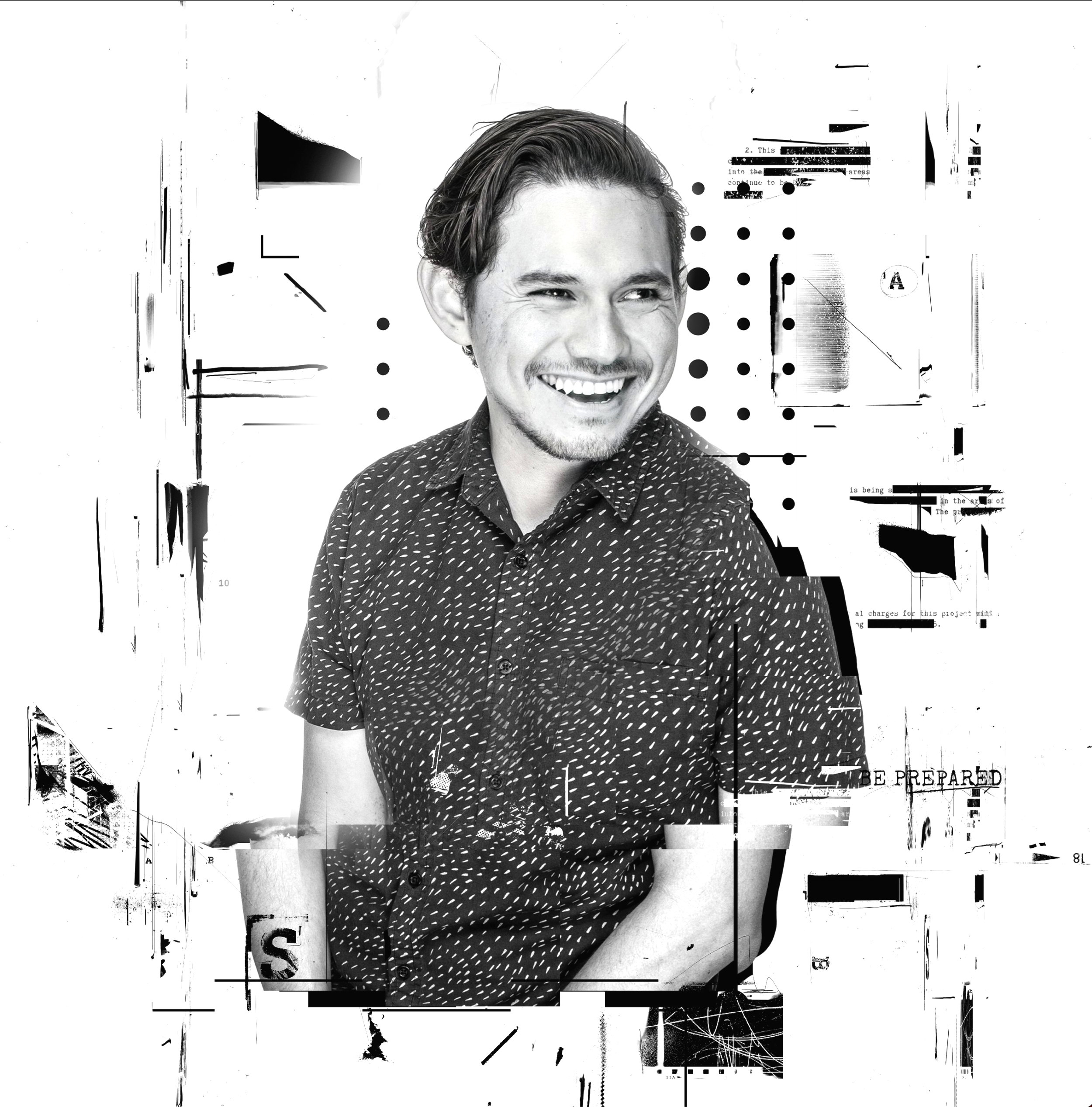 Black and white portrait of a smiling young man with wavy hair, wearing a patterned short-sleeve shirt, against an abstract background of glitch art and digital distortion.