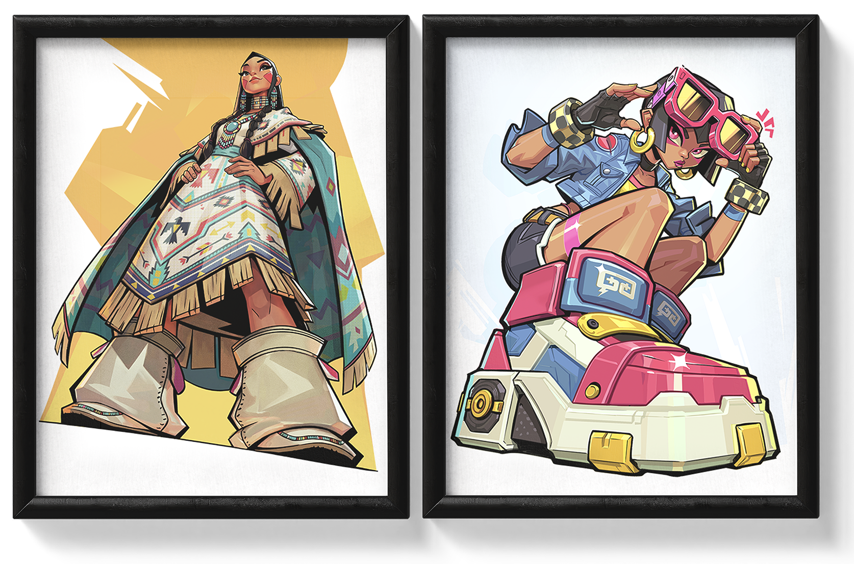 Digital artwork of two female characters in vibrant, stylized outfits. The left character is dressed in traditional Native American-inspired attire with a patterned dress, shawl, large boots, and jewelry. The right character is in a modern, colorful, mechanical-themed outfit with goggles, gloves, shorts, and a hovercraft, striking a confident pose.
