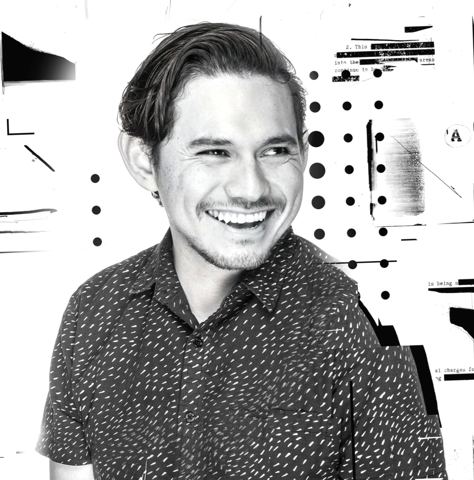 Black and white photo of a smiling young man with short hair, wearing a patterned shirt, with abstract graphic art in the background.