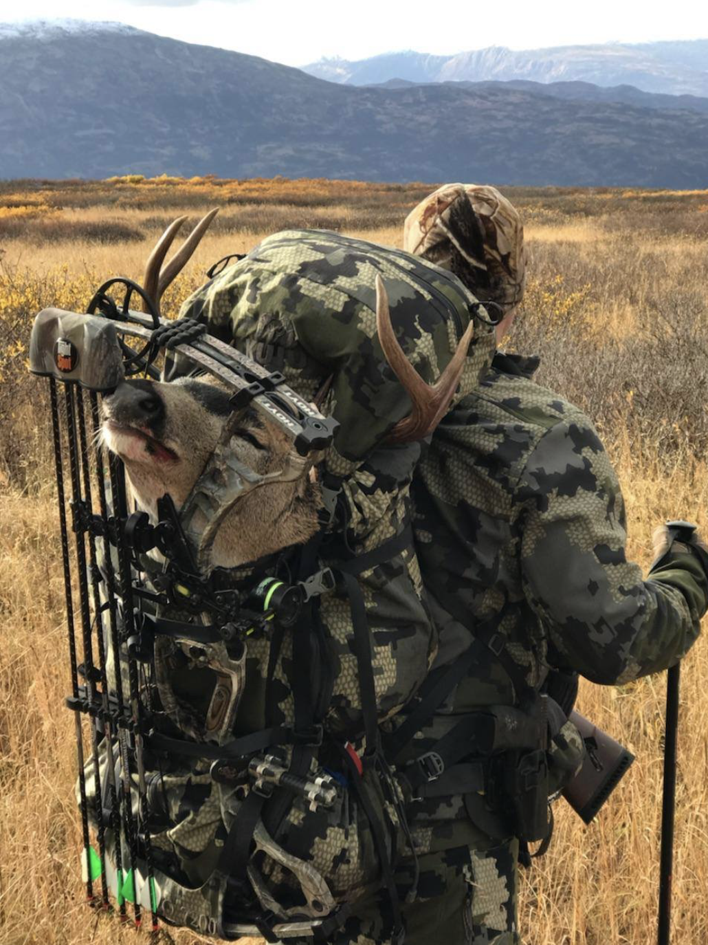 A person wearing camouflage clothing and a camouflage hat bends over in a field of tall grasses, carrying a large backpack with deer antlers attached. A bow and hunting gear are attached to the backpack, and part of a rifle is visible on the person's right side.