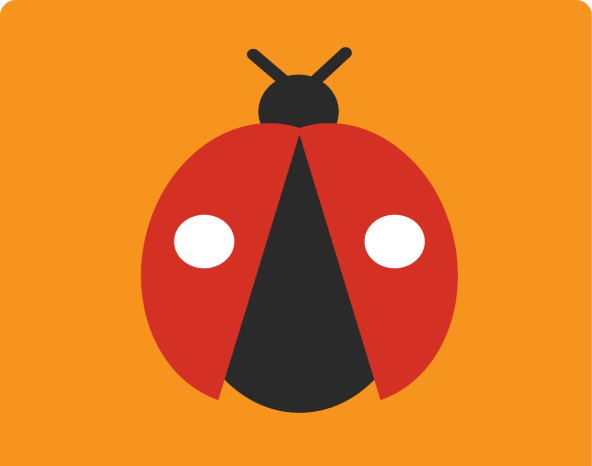 Simplified illustration of a ladybug with red wings, white spots, black head, and antennae on an orange background.