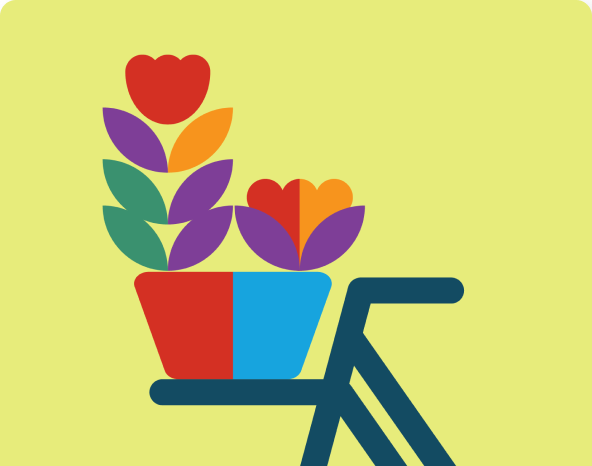 Colorful illustration of a bicycle with potted plants, including tulips and leaves, on its back