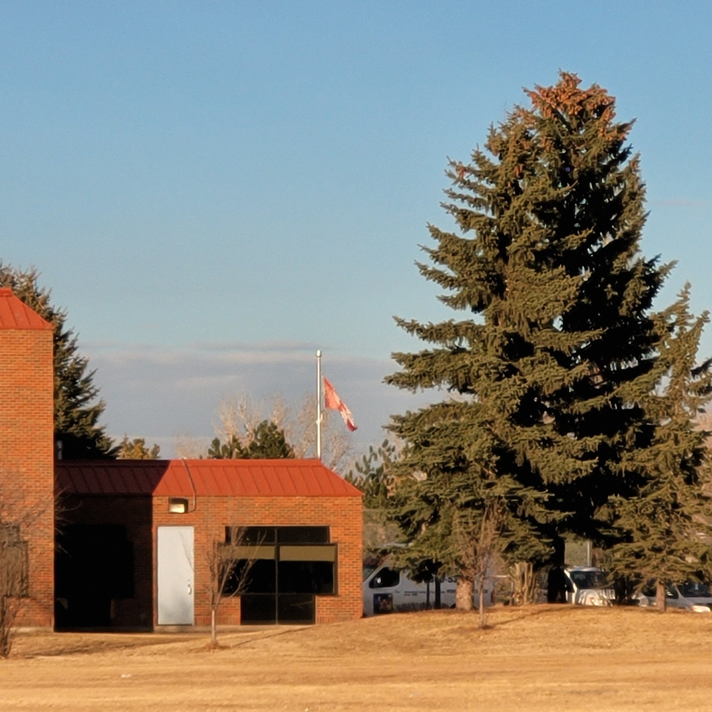 A brick building with a red roof, large windows, and a door, surrounded by trees and parked cars, under a clear blue sky.