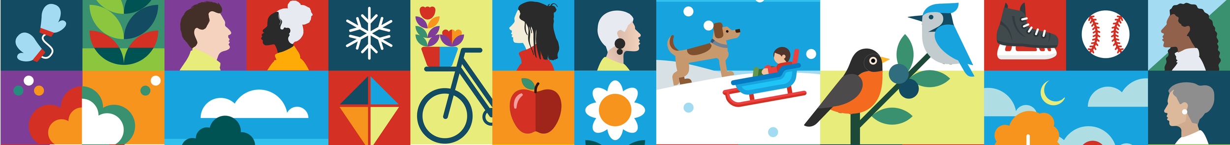 Colorful illustration featuring various people, children playing, and outdoor activities including cycling, sledding, and birdwatching, with elements like snow, a bicycle, a bird, and seasonal icons.