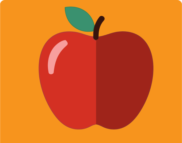 Illustration of a red apple with a green leaf on a yellow-orange background.