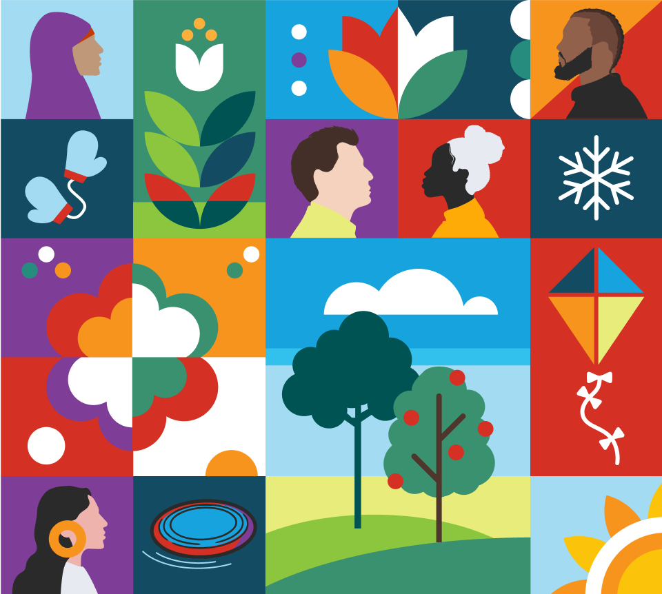 A colorful collage featuring diverse people, flowers, trees, a snowflake, a kite, a butterfly, and abstract shapes.