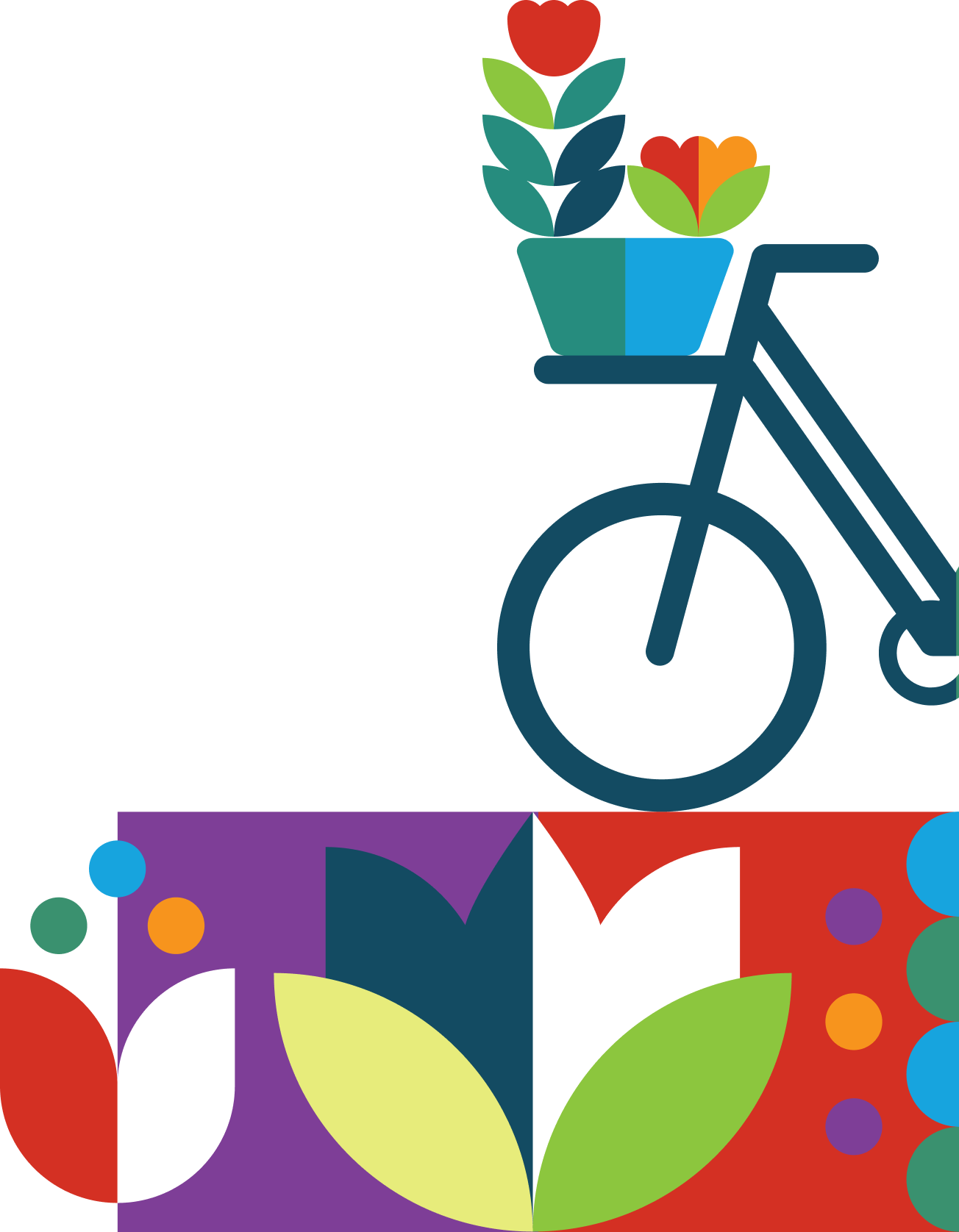 A stylized illustration of a bicycle with a flowerpot holding colorful flowers on the handlebar, and a background with a colorful abstract pattern of circles and shapes.