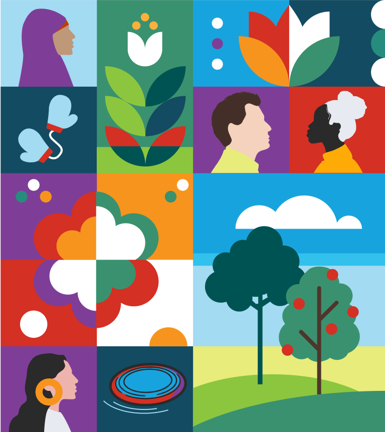 A colorful digital illustration featuring flowers, trees, people, and abstract shapes in a grid layout.