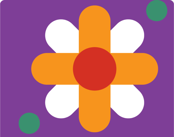 Abstract geometric design with a purple background, featuring an orange plus sign with rounded ends, a red circle at the center, four white petal-like shapes, and two green circles in opposite corners.