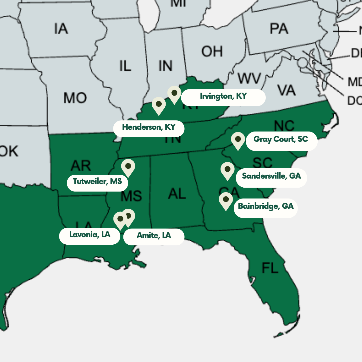 Map of the southeastern United States with labeled locations in Kentucky, South Carolina, Mississippi, Louisiana, and Georgia.