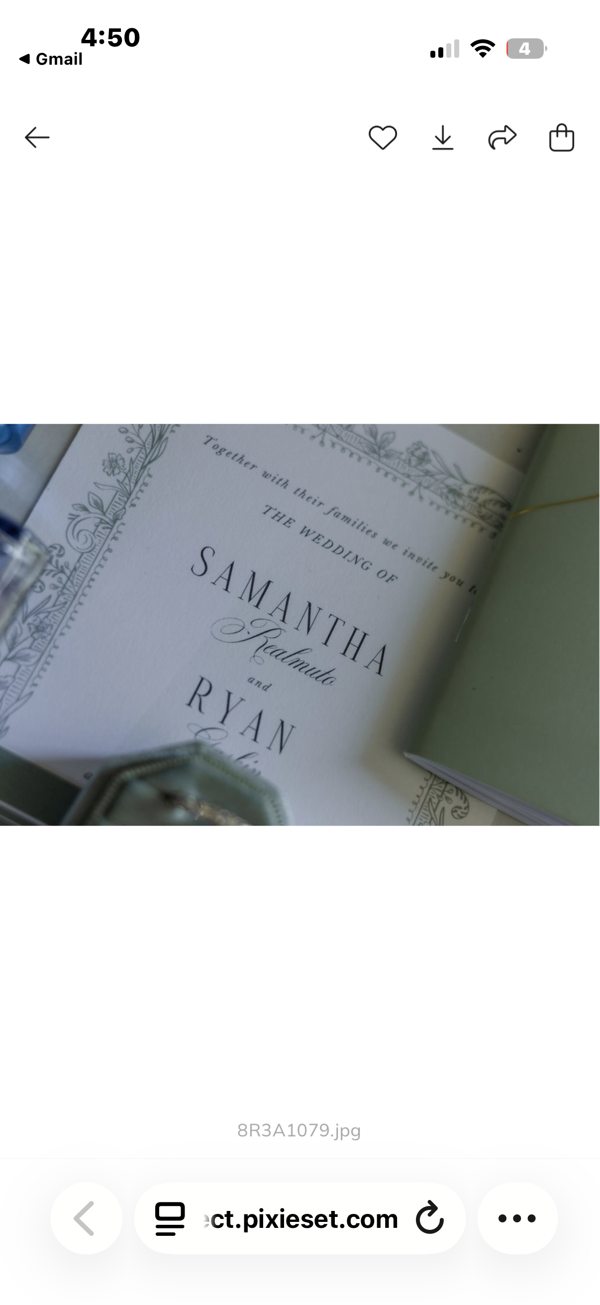 Wedding invitation card with elegant floral border and names Samantha Realmonte and Ryan