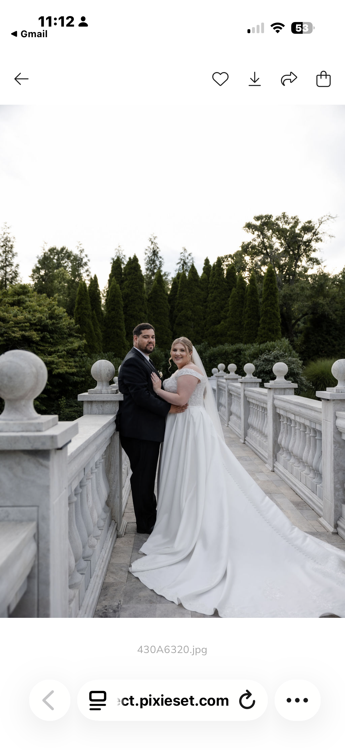 A bride and groom standing on a white stone bridge outdoors, surrounded by lush greenery, with the bride in a white wedding gown and the groom in a black suit.