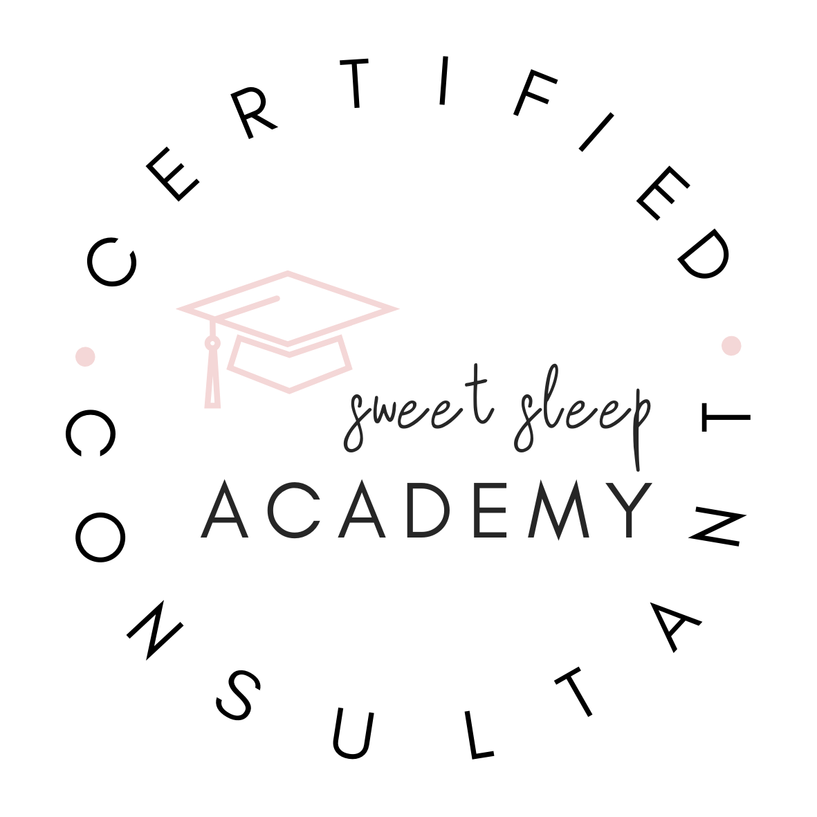 Circular logo for CertifieD CoOol Academy with a pink graduation cap graphic and the words "sweet sleep" and "ACADEMY" inside.
