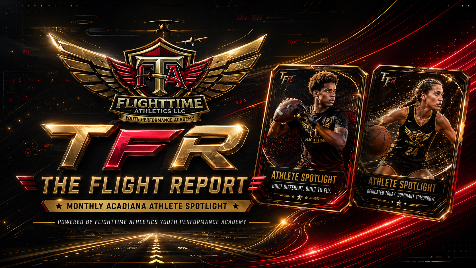 Digital graphic featuring a sports theme with two youth athletes in athletic gear, one holding a football, the other playing basketball. The background has a futuristic, high-tech design with streaks of red and gold light. The image includes a large logo for FlightTime Athletics LLC, with a shield and wings, and the words "TFR" and "The Flight Report." Text highlights the monthly athlete spotlight and phrases "Built different. Built to fly" and "Dedicated today. Dominant tomorrow."