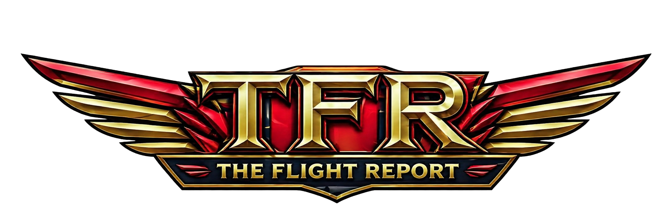 Logo of 'X-Plane: The Flight Report' featuring gold and red wings behind bold gold and red text.