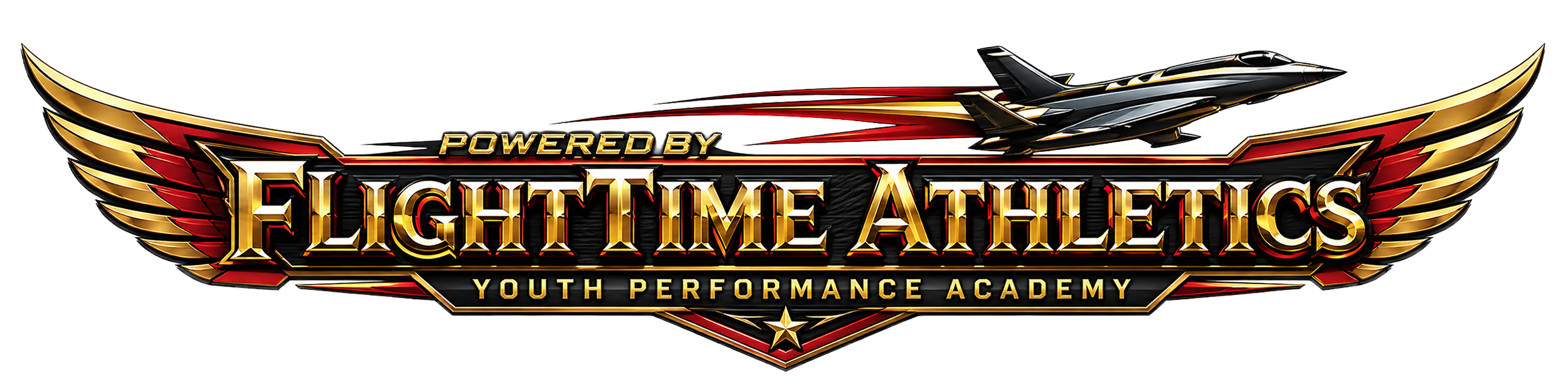 Logo of FlightTime Athletics Youth Performance Academy with a fighter jet, wings, and a star.