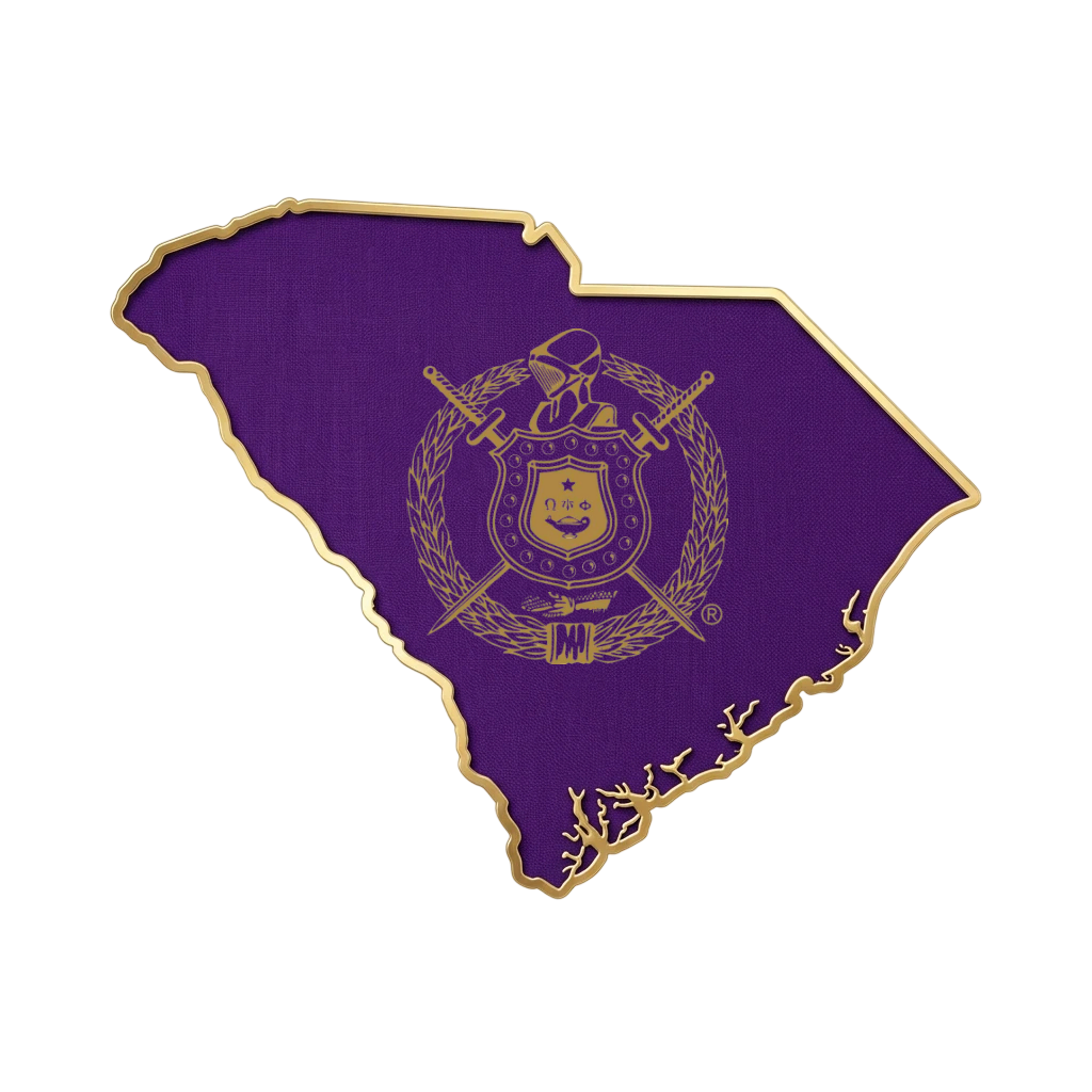 Outline of the state of South Carolina with a purple background and a gold emblem of a soldier's helmet, crossed swords, a shield, and a wreath in the center.