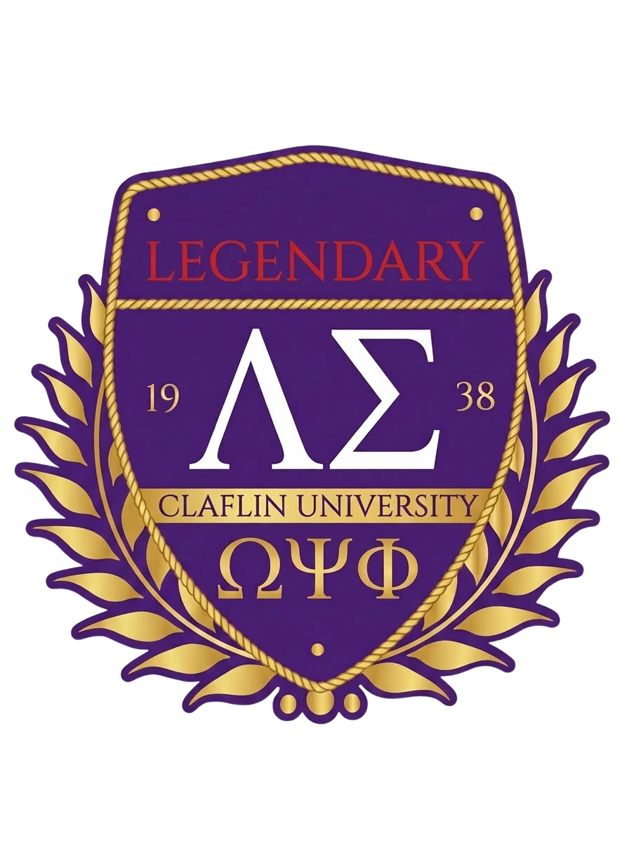 A purple and gold crest for Claflin University with Greek letters, the word 'Legendary' at the top, 'Claflin University' in the middle, and various symbols and the founding year 1938.